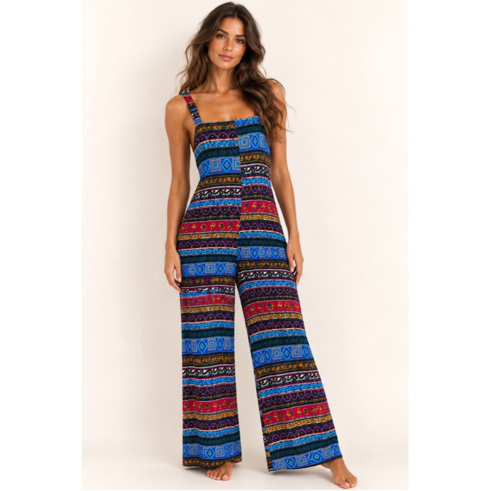 Artisan Boho Cotton Wide Leg Jumpsuit Romper Festival Coastal Eclectic Overalls